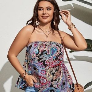 Plus Size Casual Top, Women's Plus Paisley Print Strapless Slight Stretch Tube T